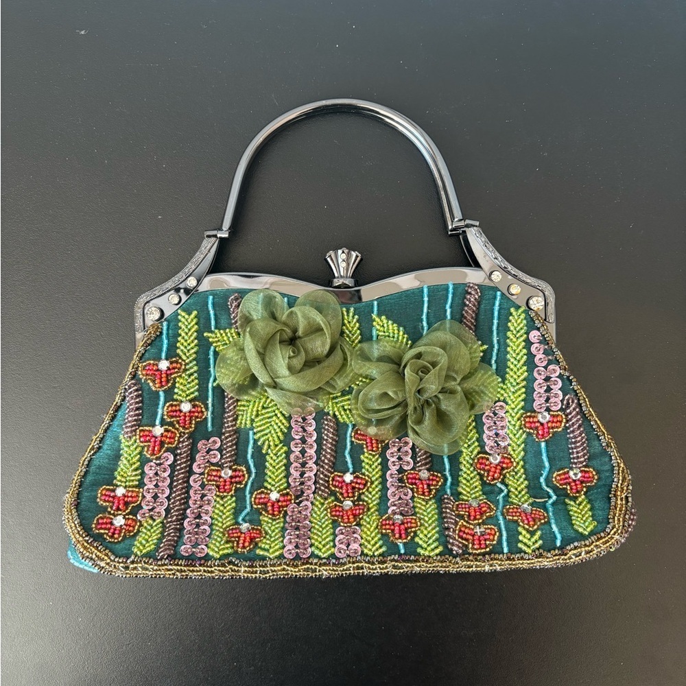 Beaded Floral Evening Bag Green Crossbody Purse - Picture 2 of 10